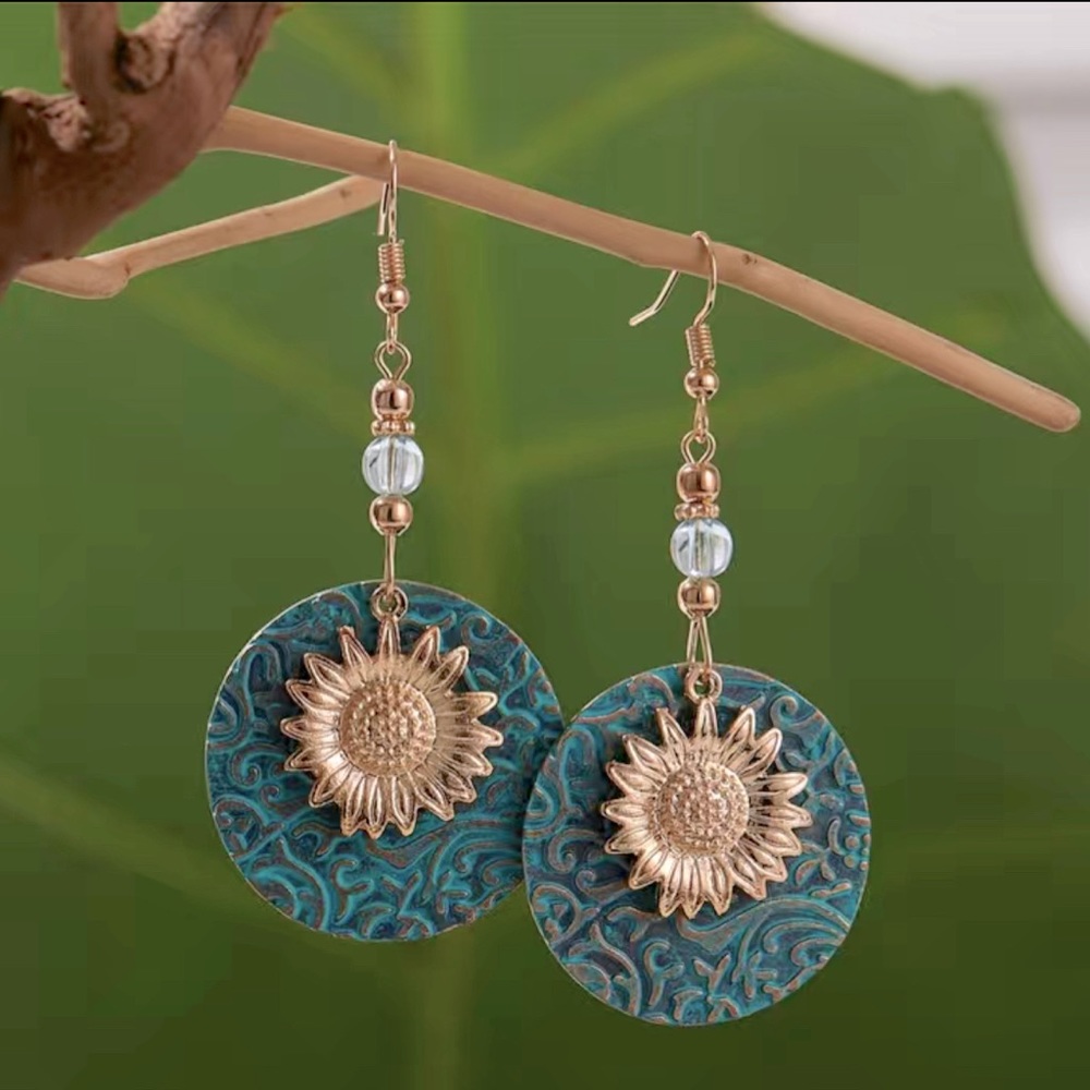 DROP EARRINGS Gold Sunflower Flat Circular Green Patina Metal Boho Cottagecore